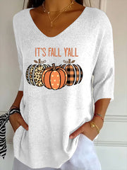 Women's Autumn It's Fall Y'ALL Printed V-Neck Casual Top