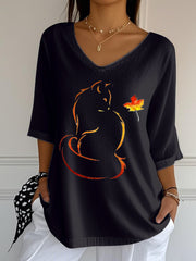 Women's It’s Fall Y’all Cute Cat Printed V-Neck Top