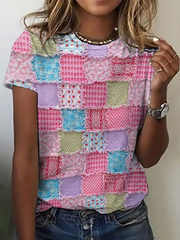 Women's Pink Patchwork Print Casual T-shirt