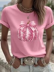 Women's Pink Pumpkin Print Breast Cancer Awareness Support Tee