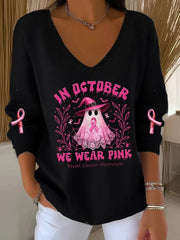 Women's Casual Breast Cancer We Wear October Pink Ghost Pit Stripe Long Sleeve Top