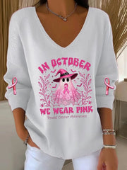 Women's Casual Breast Cancer We Wear October Pink Ghost Pit Stripe Long Sleeve Top