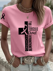 Women's Breast Cancer Awareness Pink Ribbon Faith Cross Short Sleeve T-shirt