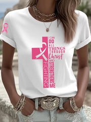 Women's Breast Cancer Awareness Pink Ribbon Faith Cross Short Sleeve T-shirt