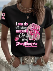 Women's Breast Cancer Awareness Pink Ribbon Faith Cross Short Sleeve T-shirt