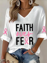 Women's Breast Cancer Awareness Pink Ribbon Faith Over Fear Printed V-Neck Top