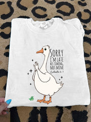 Women's Sorry I'm Late His Timing Not Mine Ecclesiastes 3:1 Funny Silly Goose Print Religious Humor Tee