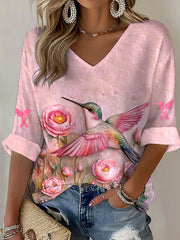 Women's Breast Cancer Awareness Pink Hummingbird V-Neck Waffle Top