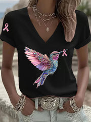 Women's Pink Ribbon Print Casual V-Neck T-Shirt