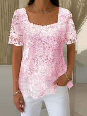 Women's Pink Lace Print Casual T-shirt