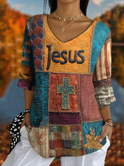 Women's Retro Casual Faith Cross Art Print Half-Sleeve T-Shirt