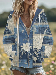 Women's Vintage Floral Patchwork Denim Zipper Hooded Cardigan