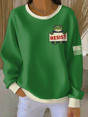 Women's FDT Polish Frog Print Ribbed Round-Neck Sweatshirt