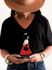 Women's Black Girl In Red Dress Art Printed Short-Sleeved T-Shirt