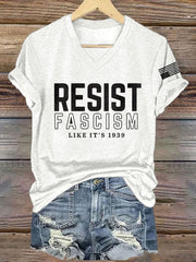 T-shirt col V imprimé rétro « Résister au fascisme comme en 1939 » 