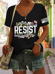 T-shirt rétro à col en V avec imprimé « Résister » : « Pas mon président, pas ma voix, pas mes valeurs, pas mes croyances » 