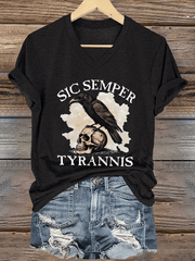 Damen-T-Shirt mit Sic Semper Tyrannis-Print und V-Ausschnitt 