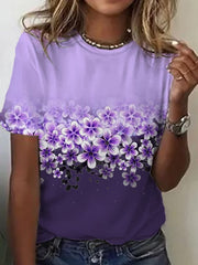 T-shirt décontracté à imprimé fleurs violettes pour femme 