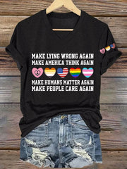 T-shirt rétro à col en V, imprimé « Faire mentir à nouveau », « Faire réfléchir l'Amérique à nouveau », « Faire compter à nouveau les humains », « Faire en sorte que les gens se soucient à nouveau » 