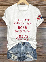 T-shirt rétro à col en V avec imprimé « Résister avec courage, rugir pour la justice, s'unir pour le changement » 