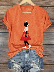 Women's  Black Girl In Red Dress Art Print Cotton Long Sleeve T-Shirt