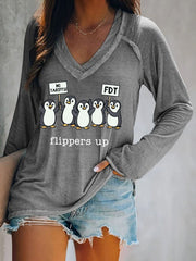 T-shirt col V imprimé pingouins pour femme 