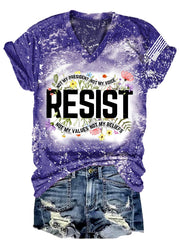 T-shirt rétro à col en V avec imprimé tie-dye « Résister » : « Pas mon président, pas ma voix, pas mes valeurs, pas mes croyances » 