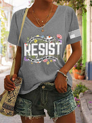 T-shirt rétro à col en V avec imprimé « Résister » : « Pas mon président, pas ma voix, pas mes valeurs, pas mes croyances » 
