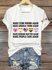T-shirt rétro à col en V, imprimé « Faire mentir à nouveau », « Faire réfléchir l'Amérique à nouveau », « Faire compter à nouveau les humains », « Faire en sorte que les gens se soucient à nouveau » 