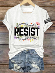 T-shirt rétro à col en V avec imprimé « Résister » : « Pas mon président, pas ma voix, pas mes valeurs, pas mes croyances » 