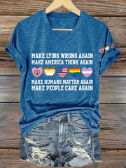 T-shirt rétro à col en V, imprimé « Faire mentir à nouveau », « Faire réfléchir l'Amérique à nouveau », « Faire compter à nouveau les humains », « Faire en sorte que les gens se soucient à nouveau » 