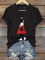 Women's  Black Girl In Red Dress Art Print Cotton Long Sleeve T-Shirt