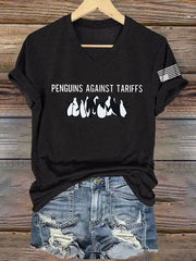 V-Neck Retro Penguins Against Tariffs Print T-Shirt