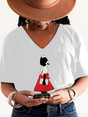 Women's Black Girl In Red Dress Art Printed Short-Sleeved T-Shirt