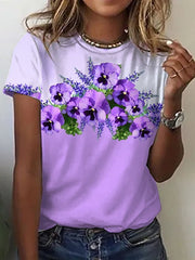 Women's Purple Flower Alzheimer's Awareness Support  Casual O-Neck Tee