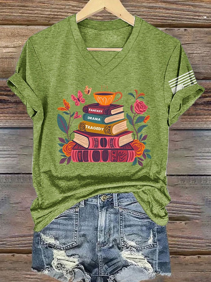 V-Neck Retro Fantasy Drama Tragedy Print T-Shirt