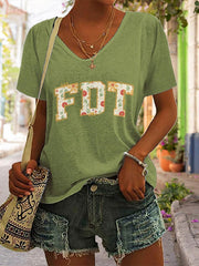 T-shirt col V imprimé fleurs rétro FDT 86 47 