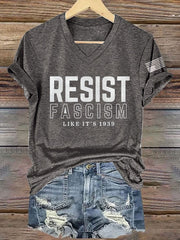 T-shirt col V imprimé rétro « Résister au fascisme comme en 1939 » 