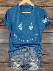 V-Neck Retro Skeleton Hand We Are Not Ok Print T-Shirt