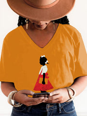 Women's Black Girl In Red Dress Art Printed Short-Sleeved T-Shirt
