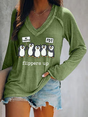 T-shirt col V imprimé pingouins pour femme 
