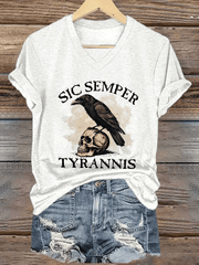 Damen-T-Shirt mit Sic Semper Tyrannis-Print und V-Ausschnitt 