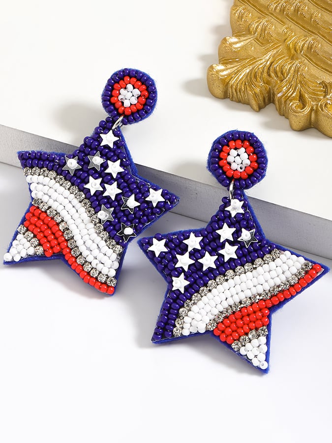 Boucles d'oreilles créatives en forme d'étoile à cinq branches, diamants et perles de riz, motif Independence Day 