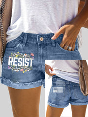 Retro Resist – Bedruckte Jeansshorts mit Aufschrift „Not My President, Not My Voice, Not My Values, Not My Beliefs“ 