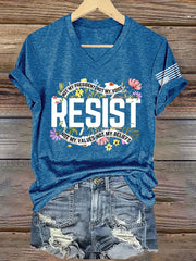 T-shirt rétro à col en V avec imprimé « Résister » : « Pas mon président, pas ma voix, pas mes valeurs, pas mes croyances » 