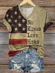 Damen-T-Shirt mit V-Ausschnitt und „No Kings In America“-Kronen-Print 