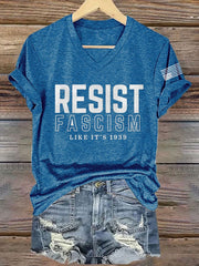 T-shirt col V imprimé rétro « Résister au fascisme comme en 1939 » 