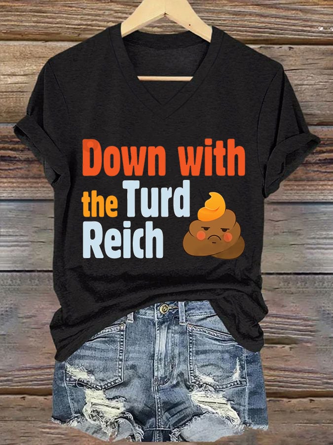 T-shirt col V imprimé « Down With The Turd Reich » pour femme 