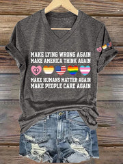 T-shirt rétro à col en V, imprimé « Faire mentir à nouveau », « Faire réfléchir l'Amérique à nouveau », « Faire compter à nouveau les humains », « Faire en sorte que les gens se soucient à nouveau » 