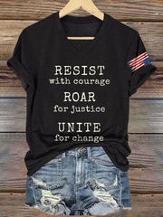 T-shirt rétro à col en V avec imprimé « Résister avec courage, rugir pour la justice, s'unir pour le changement » 